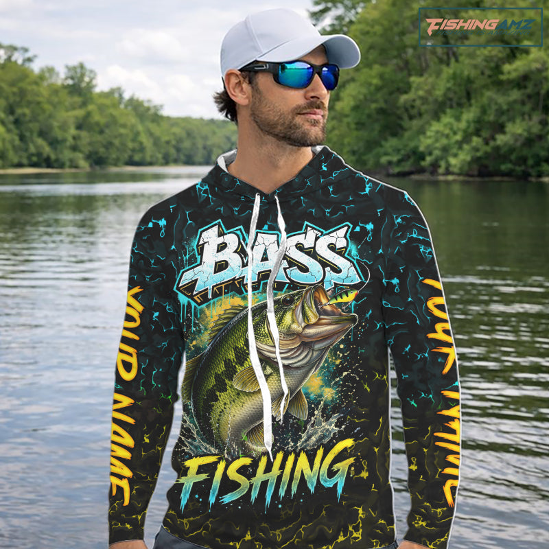 Personalized Neon Color Bass Long Sleeve Hooded Shirts, Largemouth Bass Fishing Jerseys For Men NBT668
