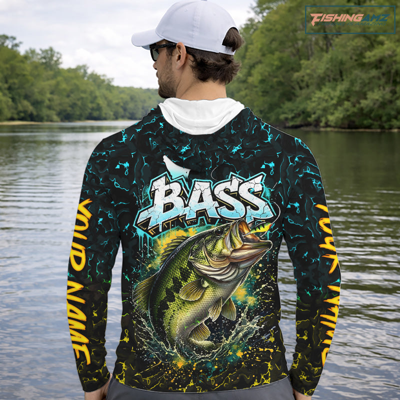 Personalized Neon Color Bass Long Sleeve Hooded Shirts, Largemouth Bass Fishing Jerseys For Men NBT668