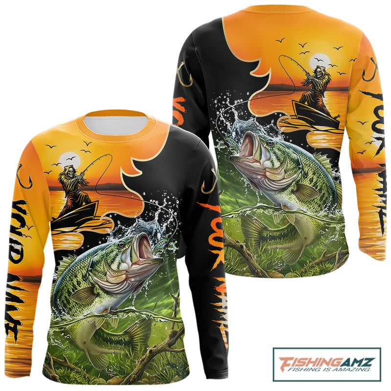 Personalized Fish Reaper Sunset Design Largemouth Bass Fishing Shirts Long Sleeve NBT673