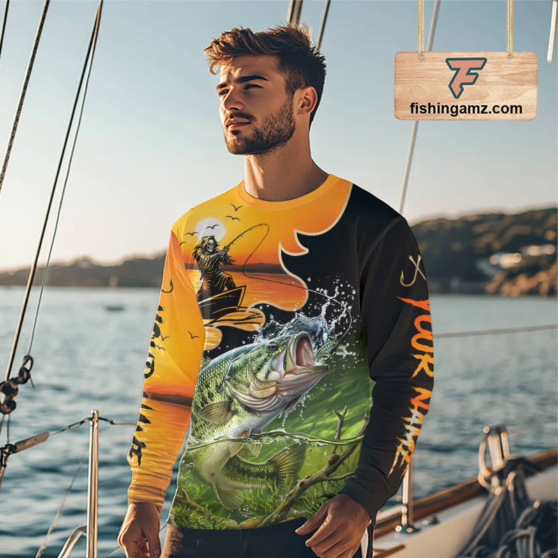 Personalized Fish Reaper Sunset Design Largemouth Bass Fishing Shirts Long Sleeve NBT673