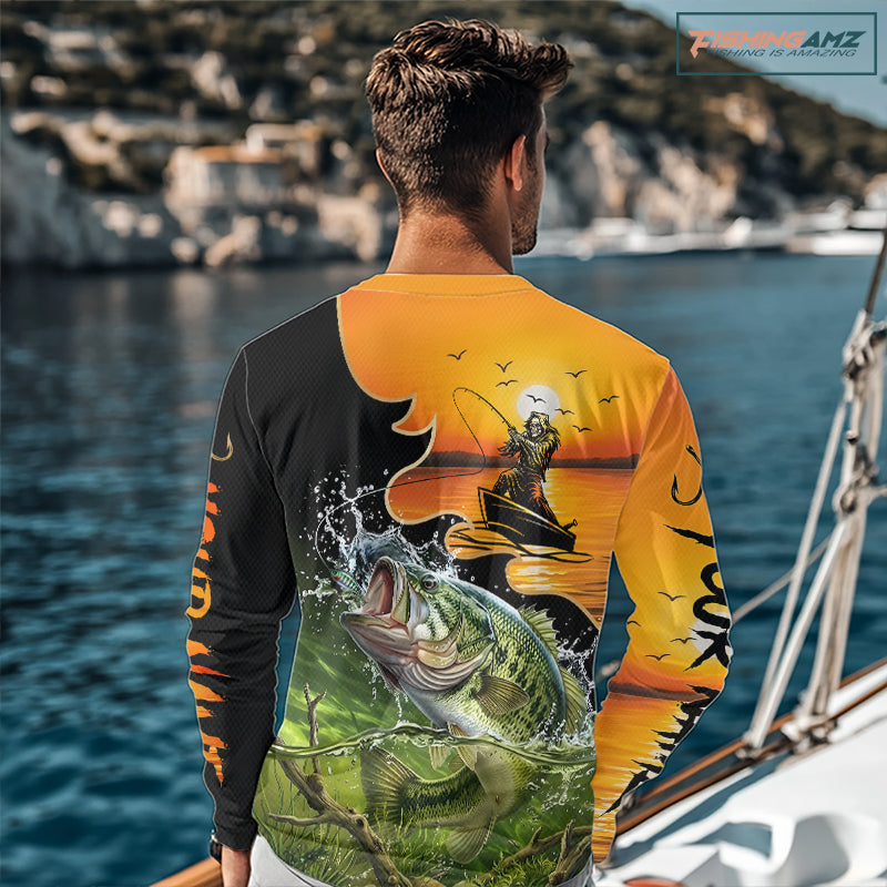 Personalized Fish Reaper Sunset Design Largemouth Bass Fishing Shirts Long Sleeve NBT673