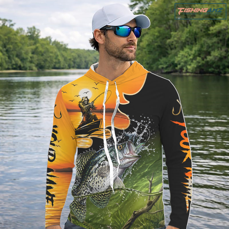 Personalized Fish Reaper Sunset Design Crappie Long Sleeve Hooded Shirts NBT674