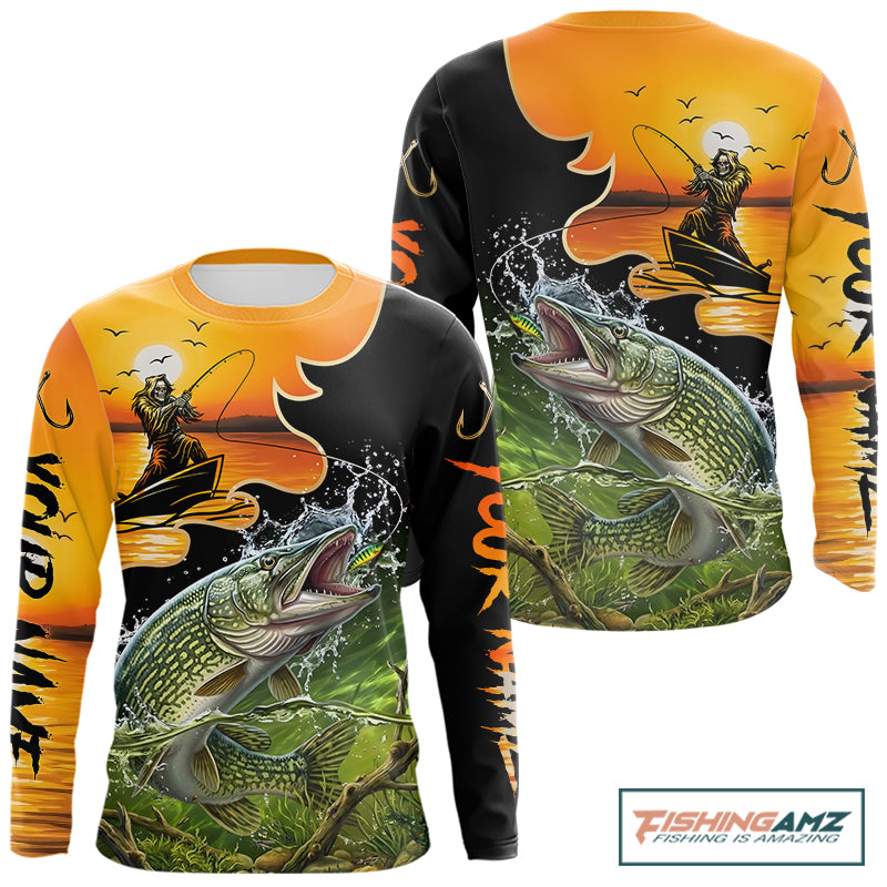 Back view of Fish Reaper sunset Northern Pike fishing shirt