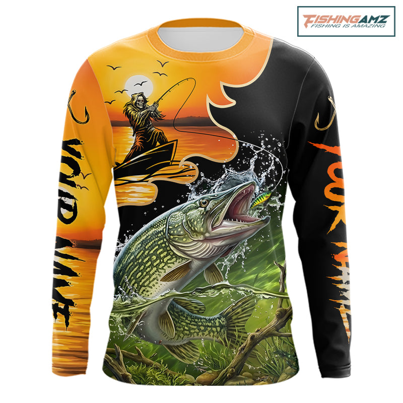 Personalized Northern Pike Fish Reaper long sleeve fishing shirt front view