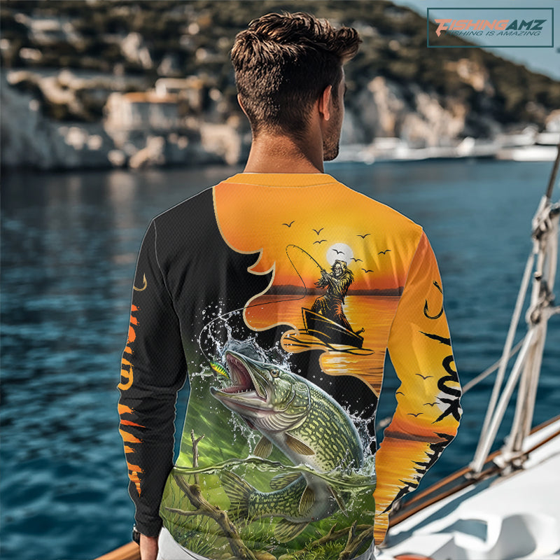back view of custom northern pike UPF fishing shirt with long sleeves