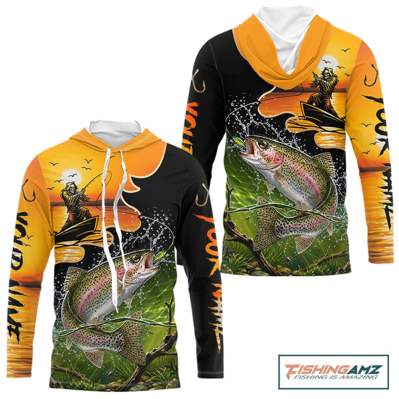 Personalized Fish Reaper Sunset Design Rainbow Trout Long Sleeve Hooded Shirts NBT676