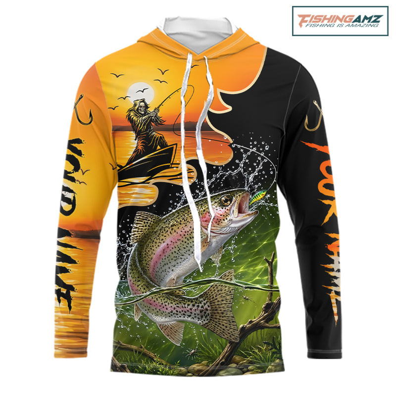 Personalized Fish Reaper Sunset Design Rainbow Trout Long Sleeve Hooded Shirts NBT676