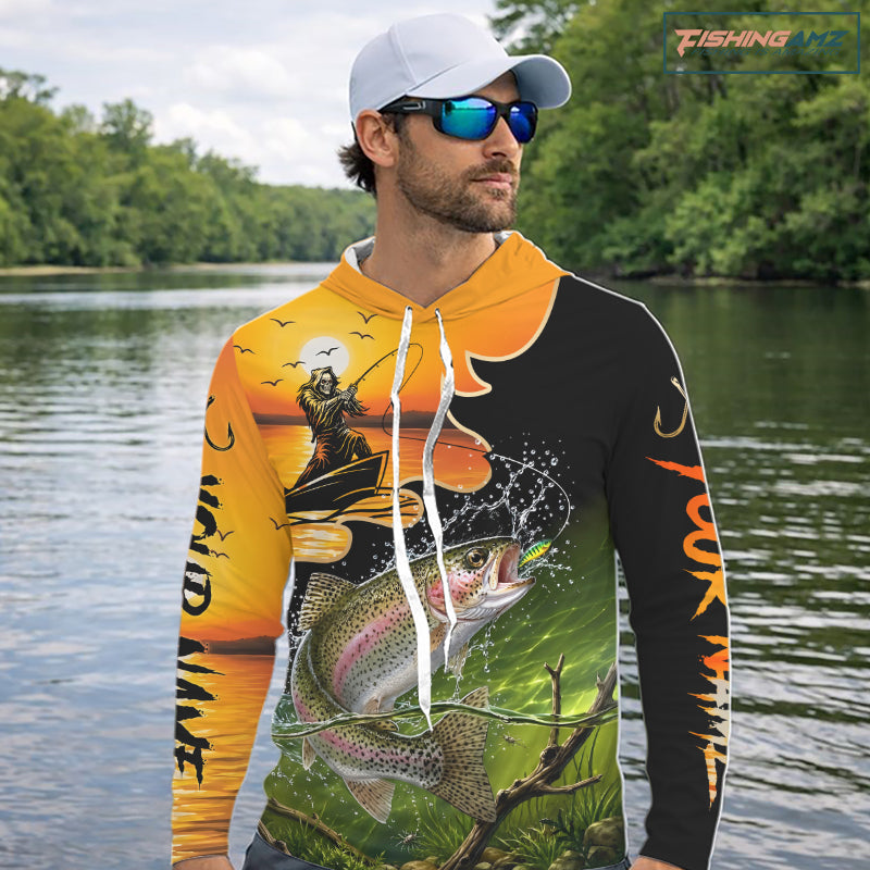 Personalized Fish Reaper Sunset Design Rainbow Trout Long Sleeve Hooded Shirts NBT676