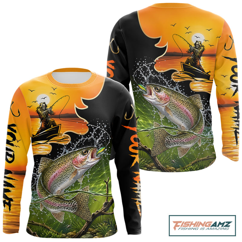 Personalized Fish Reaper Sunset Design Rainbow Trout Fishing Shirts Long Sleeve NBT676