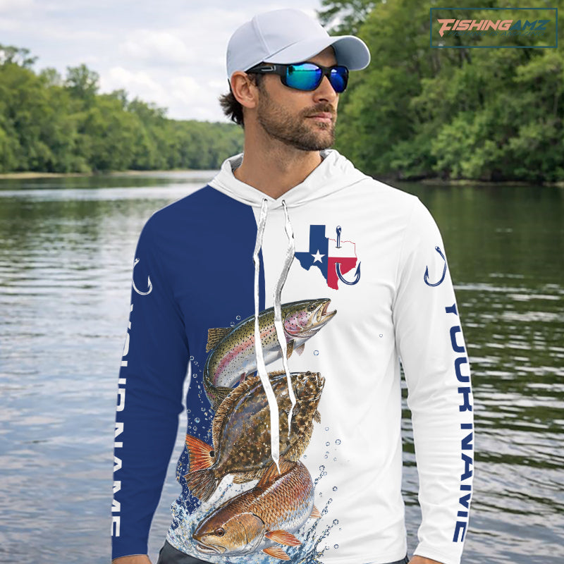Blue Texas Slam Fishing Custom Performance Team Redfish, Trout, Flounder Long Sleeve Hooded Shirts NBT679