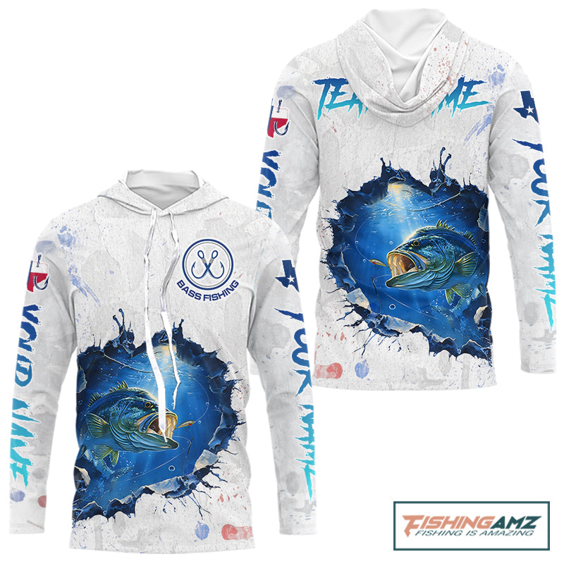 Custom Bass Fishing Tournament Long Sleeve Hooded Shirts, Largemouth Bass Fishing Apparel | White NBT680