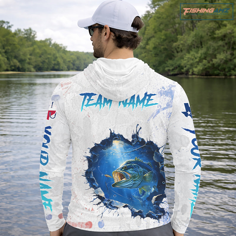 Custom Bass Fishing Tournament Long Sleeve Hooded Shirts, Largemouth Bass Fishing Apparel | White NBT680