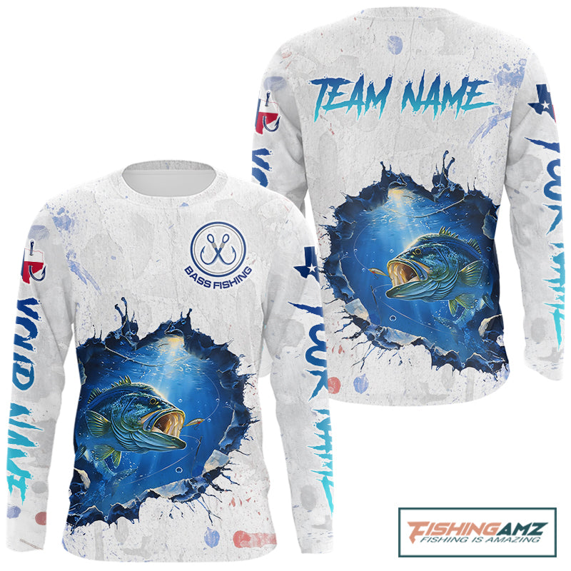 Custom Bass Fishing Long Sleeve Tournament Shirts, Largemouth Bass Fishing Apparel | White NBT680
