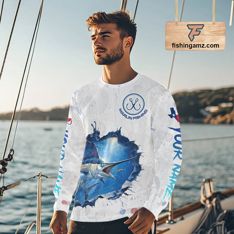 Custom Marlin Fishing Long Sleeve Tournament Shirts, Marlin Saltwater Fishing Apparel | White NBT681