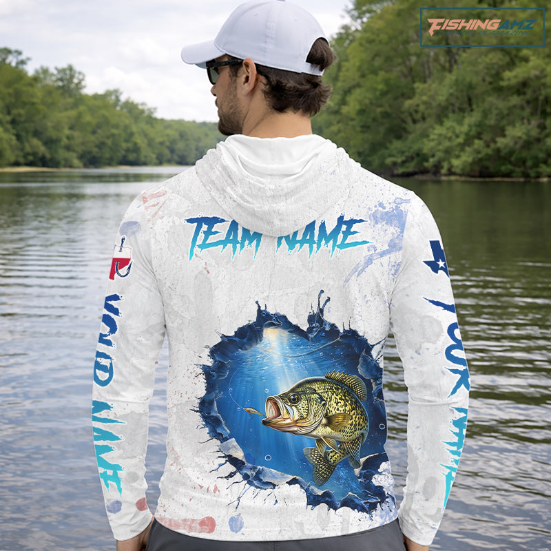 Custom Crappie Fishing Tournament Long Sleeve Hooded Shirts, Crappie Fishing Apparel | White NBT682