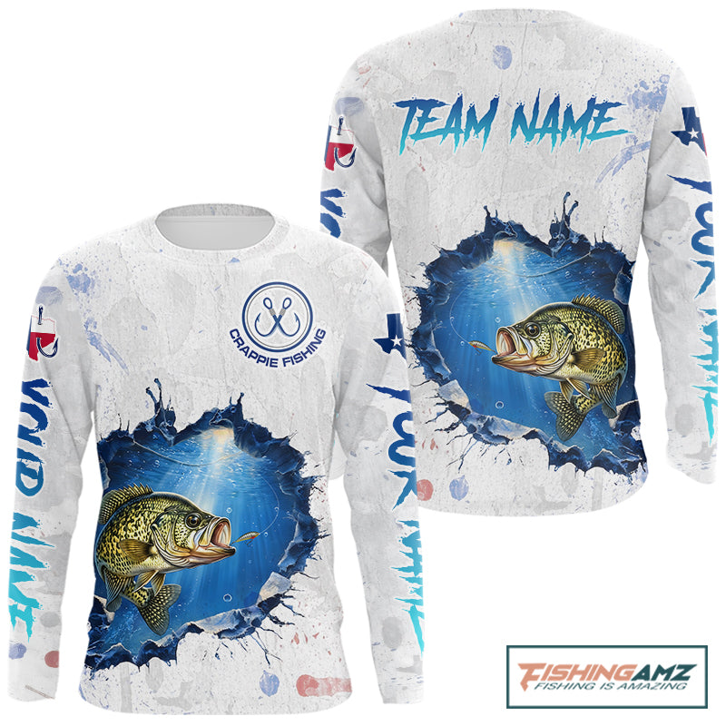 Custom Crappie Fishing Long Sleeve Tournament Shirts, Crappie Fishing Apparel | White NBT682