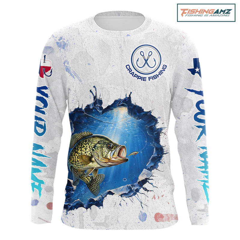 Custom Crappie Fishing Long Sleeve Tournament Shirts, Crappie Fishing Apparel | White NBT682