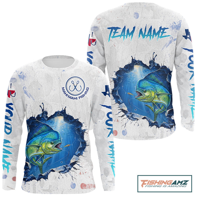 Custom Mahi Mahi Fishing Long Sleeve Tournament Shirts, Mahi Mahi Saltwater Fishing Apparel | White NBT683