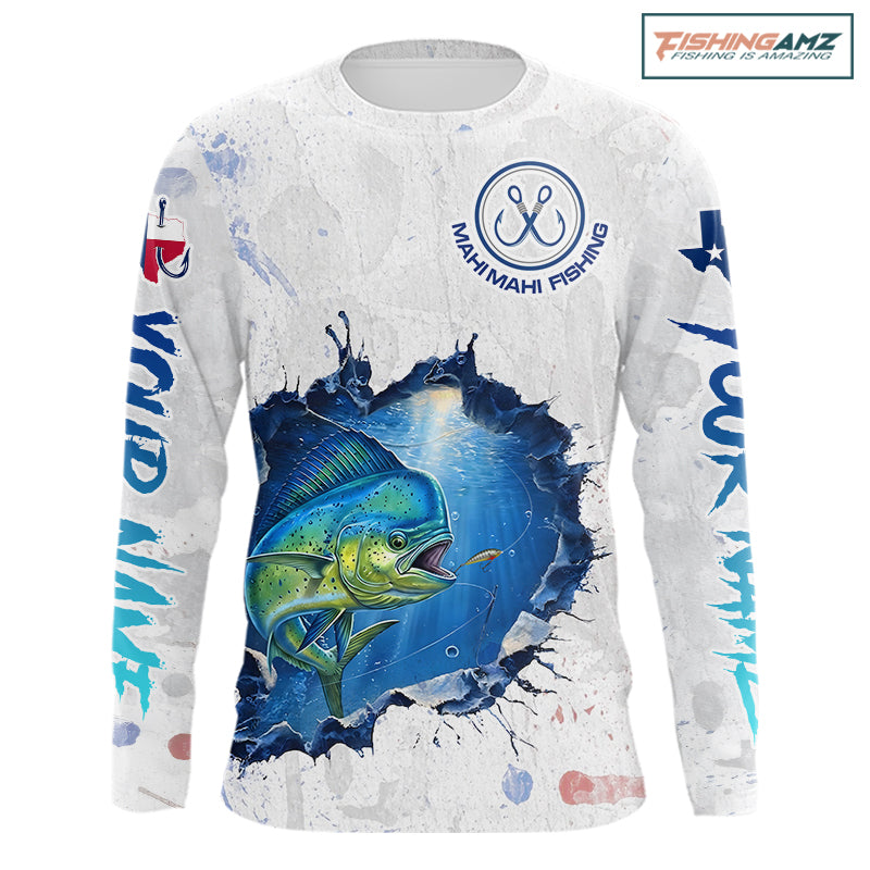 Custom Mahi Mahi Fishing Long Sleeve Tournament Shirts, Mahi Mahi Saltwater Fishing Apparel | White NBT683