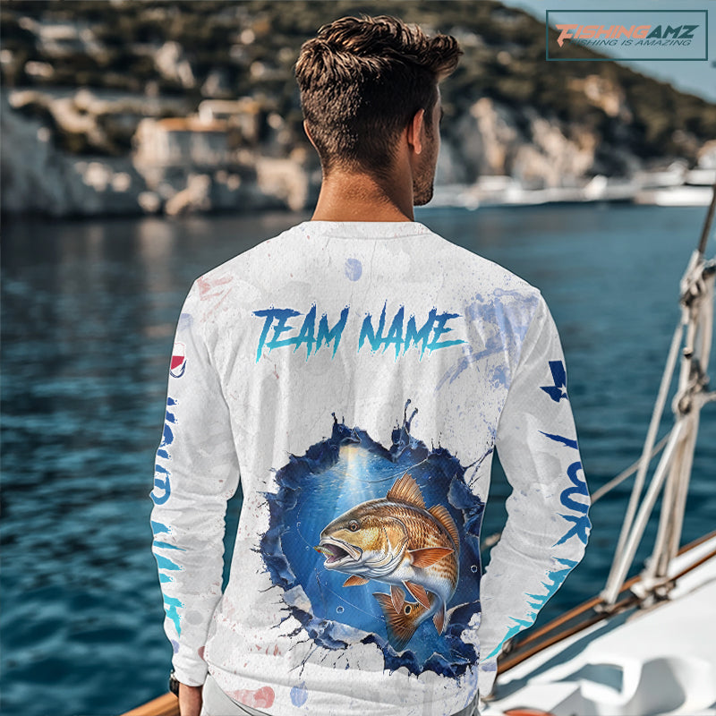Custom Redfish Fishing Long Sleeve Tournament Shirts, Redfish Saltwater Fishing Apparel | White NBT684