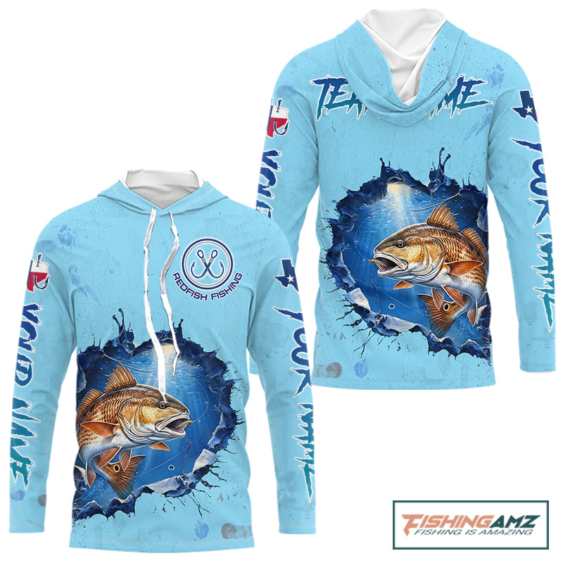 Custom Redfish Fishing Tournament Long Sleeve Hooded Shirts, Redfish Saltwater Fishing Apparel | Blue NBT686