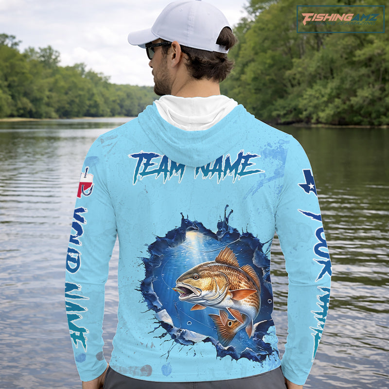 Custom Redfish Fishing Tournament Long Sleeve Hooded Shirts, Redfish Saltwater Fishing Apparel | Blue NBT686