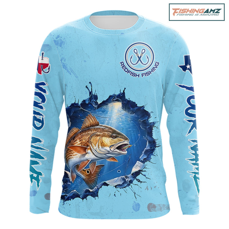 Custom Redfish Fishing Long Sleeve Tournament Shirts, Redfish Saltwater Fishing Apparel | Blue NBT686