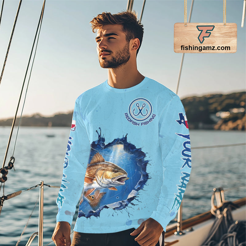 Custom Redfish Fishing Long Sleeve Tournament Shirts, Redfish Saltwater Fishing Apparel | Blue NBT686