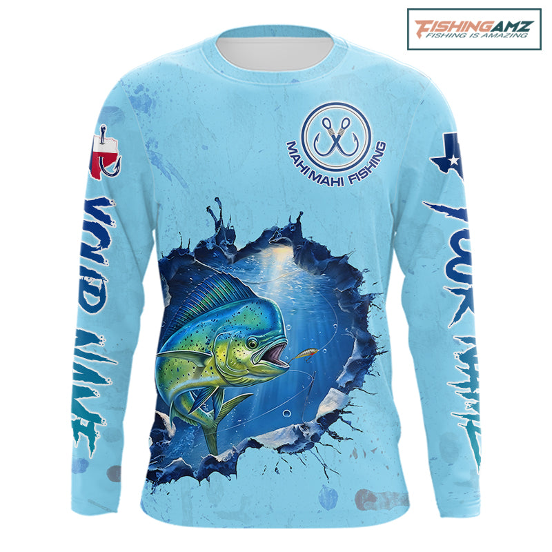 Custom Mahi Mahi Fishing Long Sleeve Tournament Shirts, Mahi Mahi Saltwater Fishing Apparel | Blue NBT687