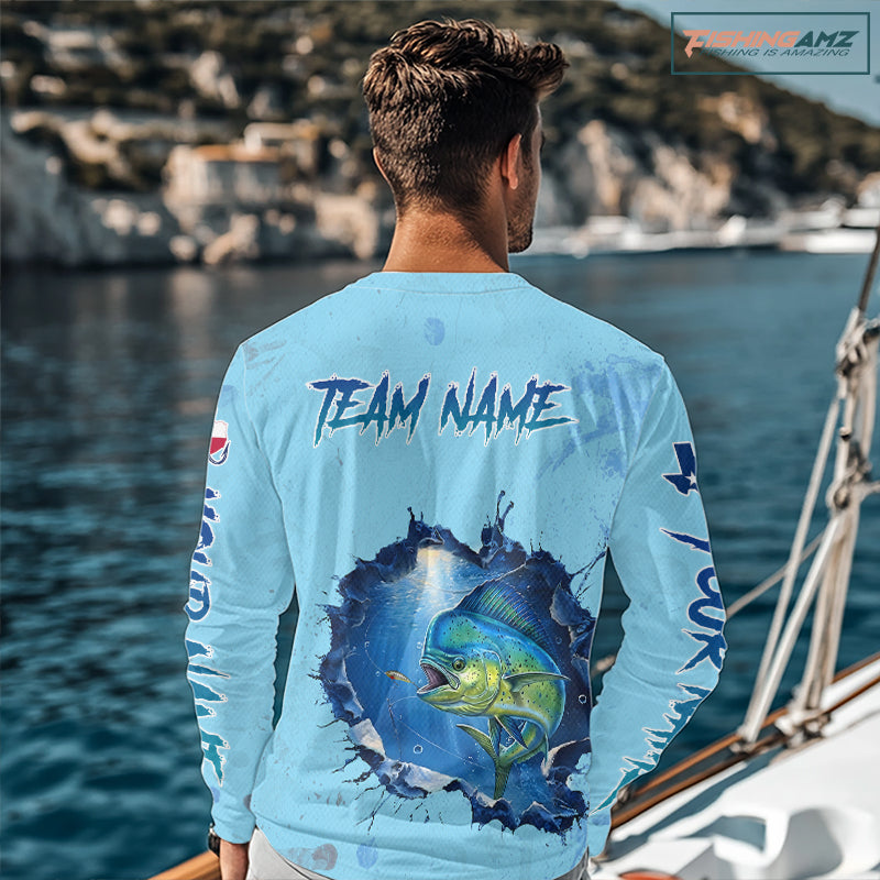 Custom Mahi Mahi Fishing Long Sleeve Tournament Shirts, Mahi Mahi Saltwater Fishing Apparel | Blue NBT687