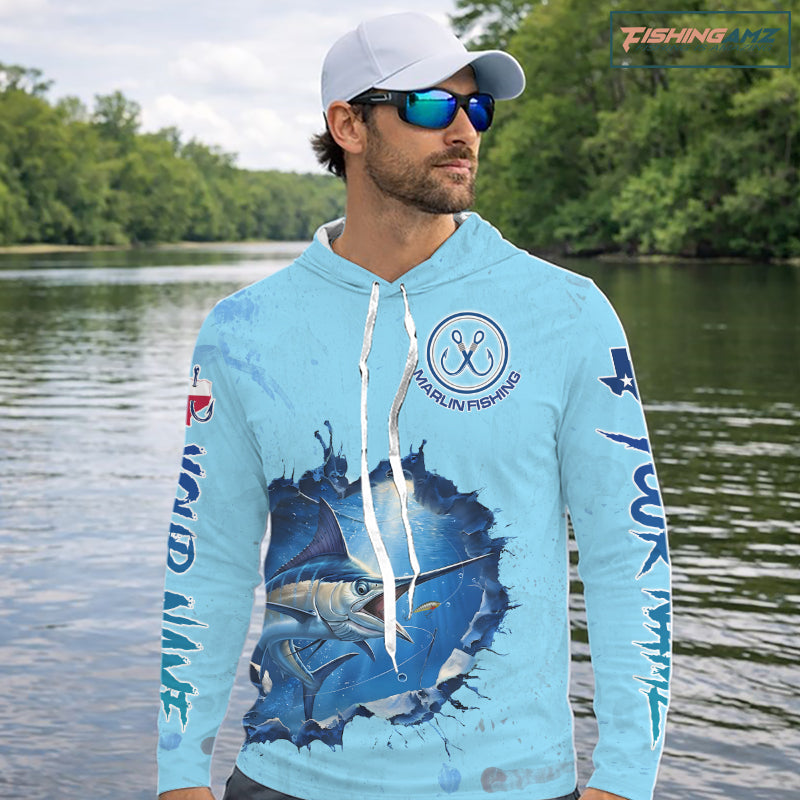 Custom Marlin Fishing Tournament Long Sleeve Hooded Shirts, Marlin Saltwater Fishing Apparel | Blue NBT688