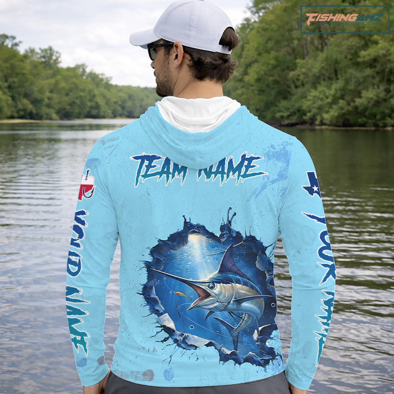 Custom Marlin Fishing Tournament Long Sleeve Hooded Shirts, Marlin Saltwater Fishing Apparel | Blue NBT688