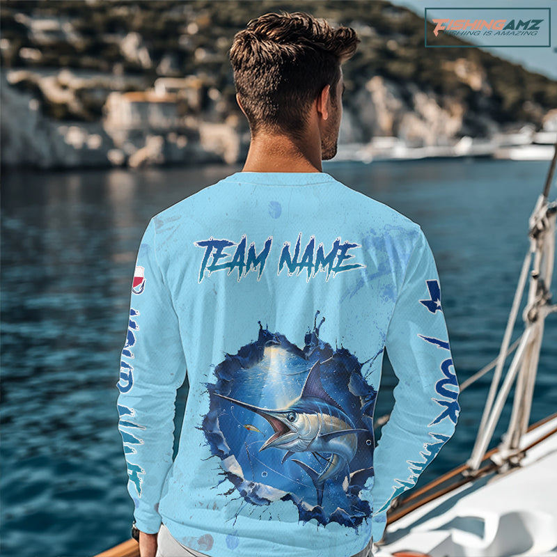 Custom Marlin Fishing Long Sleeve Tournament Shirts, Marlin Saltwater Fishing Apparel | Blue NBT688