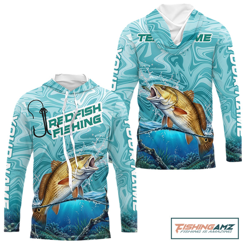 Custom Redfish Long Sleeve Hooded Performance Fishing Shirts, Water Camo Saltwater Fishing Jerseys NBT691