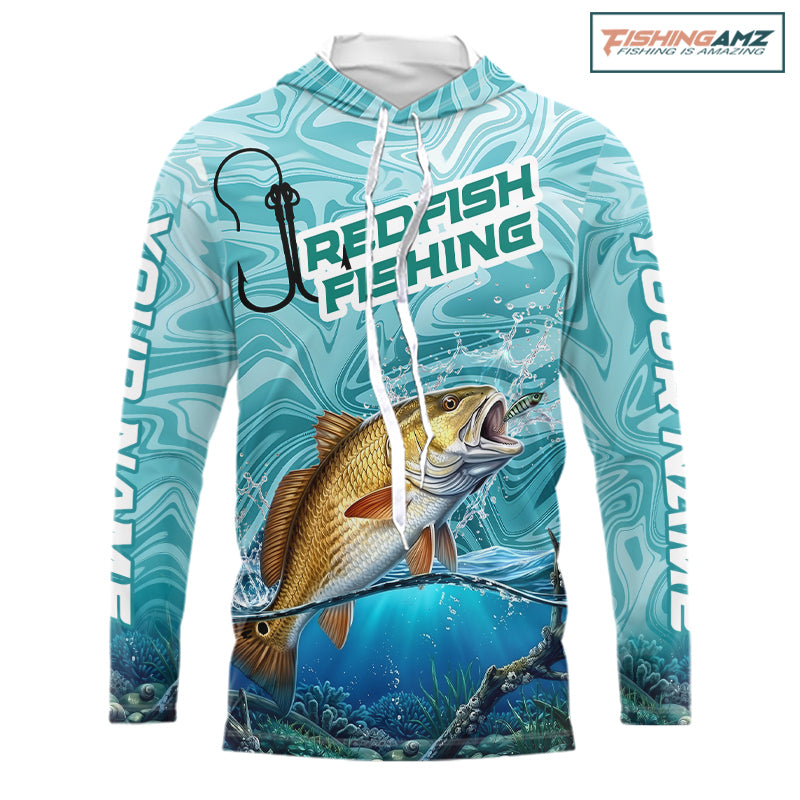 Custom Redfish Long Sleeve Hooded Performance Fishing Shirts, Water Camo Saltwater Fishing Jerseys NBT691