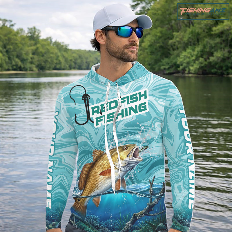 Custom Redfish Long Sleeve Hooded Performance Fishing Shirts, Water Camo Saltwater Fishing Jerseys NBT691