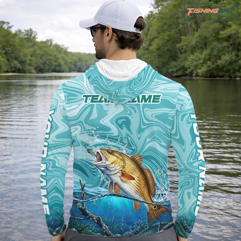Custom Redfish Long Sleeve Hooded Performance Fishing Shirts, Water Camo Saltwater Fishing Jerseys NBT691
