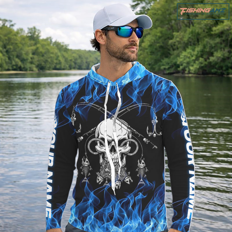 Fish Reaper Fishing Skull Fire Flame Long Sleeve Hooded Tournament Fishing Shirts, Skull Fishing Jerseys NBT692