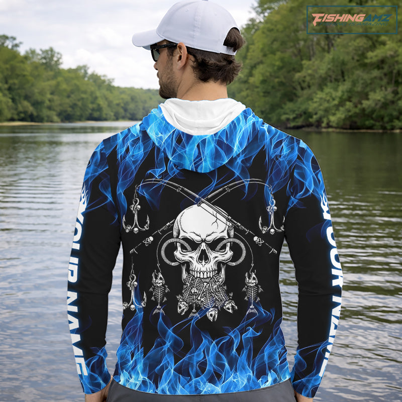 Fish Reaper Fishing Skull Fire Flame Long Sleeve Hooded Tournament Fishing Shirts, Skull Fishing Jerseys NBT692