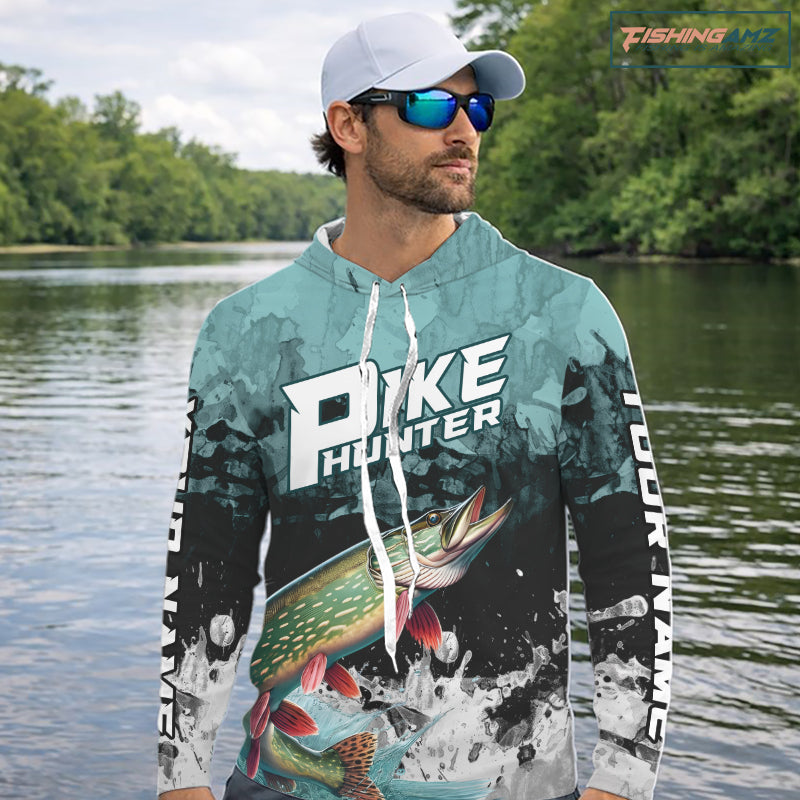 Personalized Northern Pike Fishing Jersey, Team Pike Fishing Long Sleeve Hooded Tournament Shirts NBT693