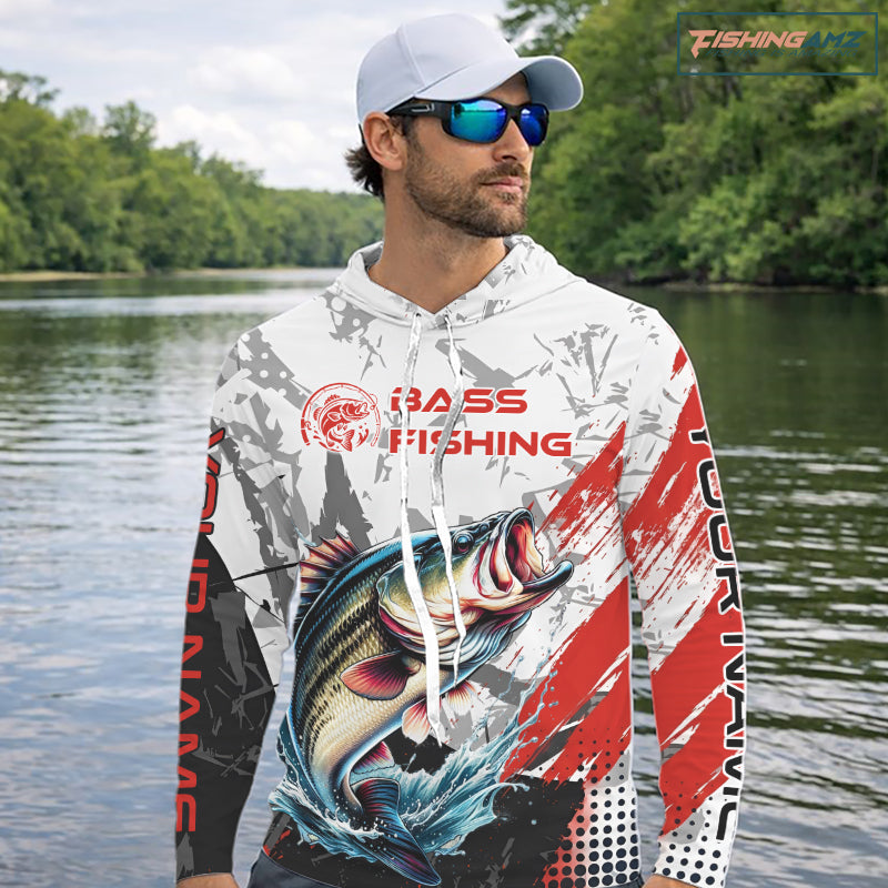 Personalized Bass Fishing Jerseys, Custom Long Sleeve Hooded Bass Fishing Tournament Fishing Shirt NBT793
