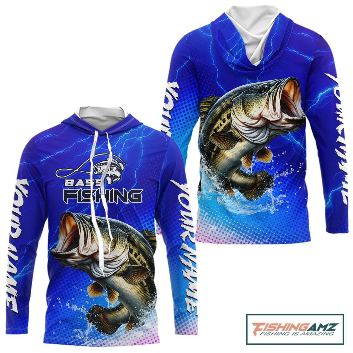 Blue Camo Bass Long Sleeve Fishing Shirts Thunder Light, Custom Name Bass Fishing Shirts NBT455