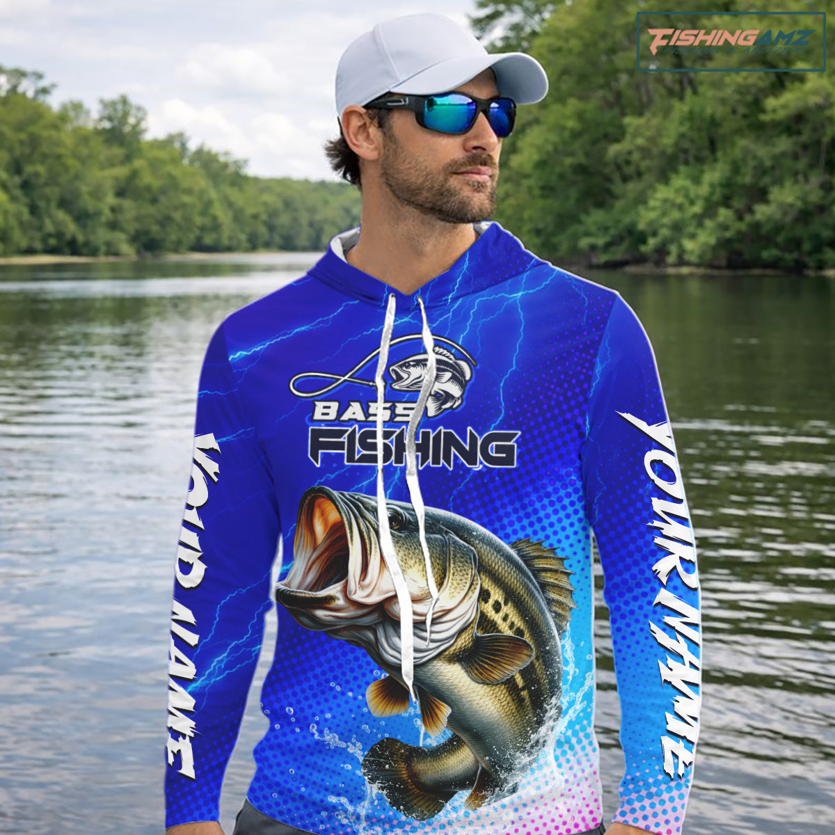 Blue Camo Bass Long Sleeve Fishing Shirts Thunder Light, Custom Name Bass Fishing Shirts NBT455