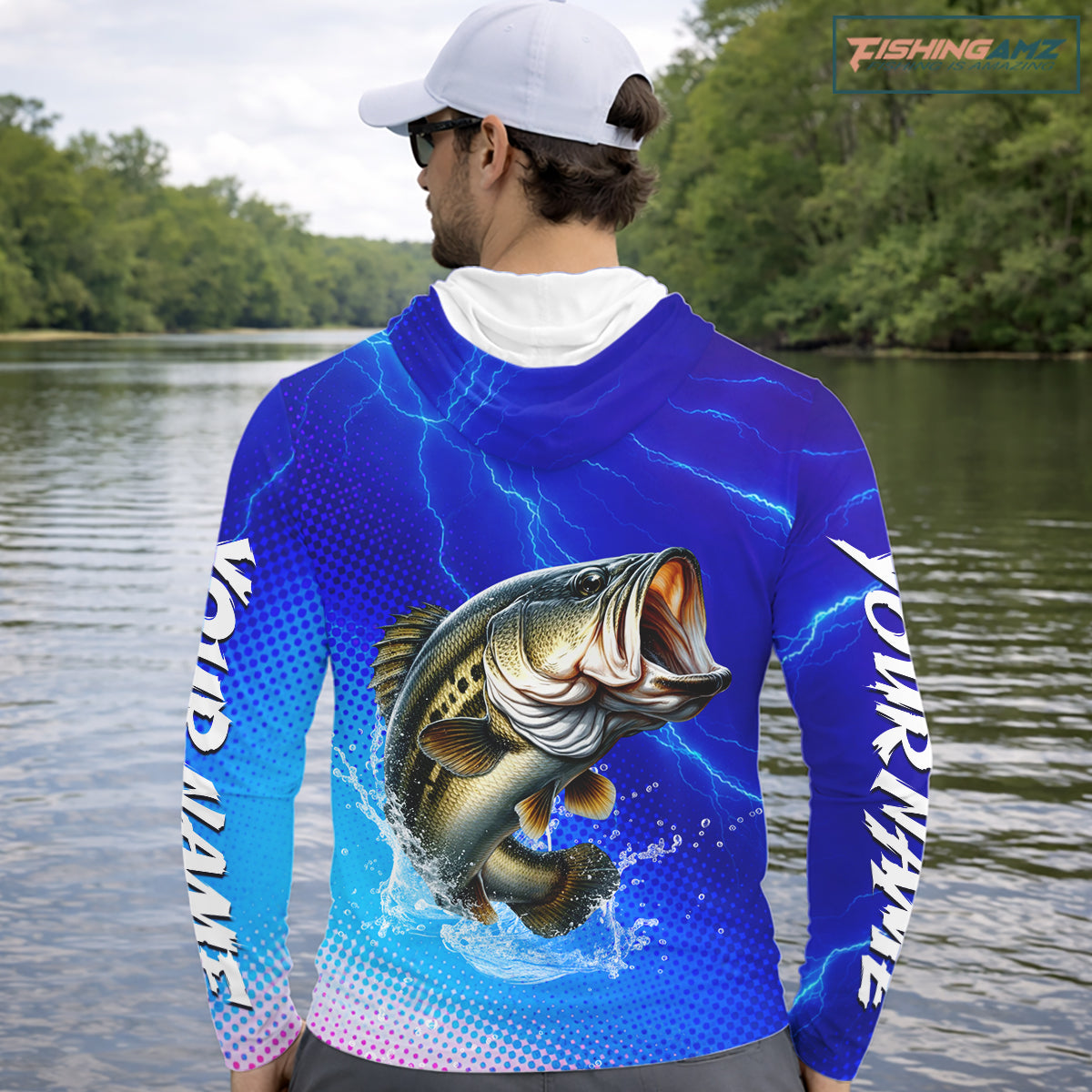 Blue Camo Bass Long Sleeve Fishing Shirts Thunder Light, Custom Name Bass Fishing Shirts NBT455