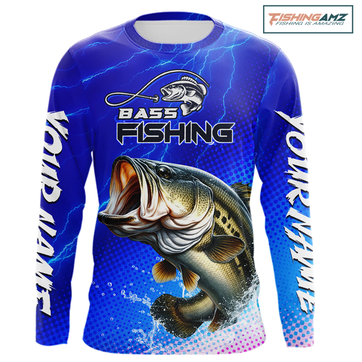Blue Camo Bass Fishing Shirts Long Sleeve Thunder Light, Custom Name Bass Fishing Shirts NBT455