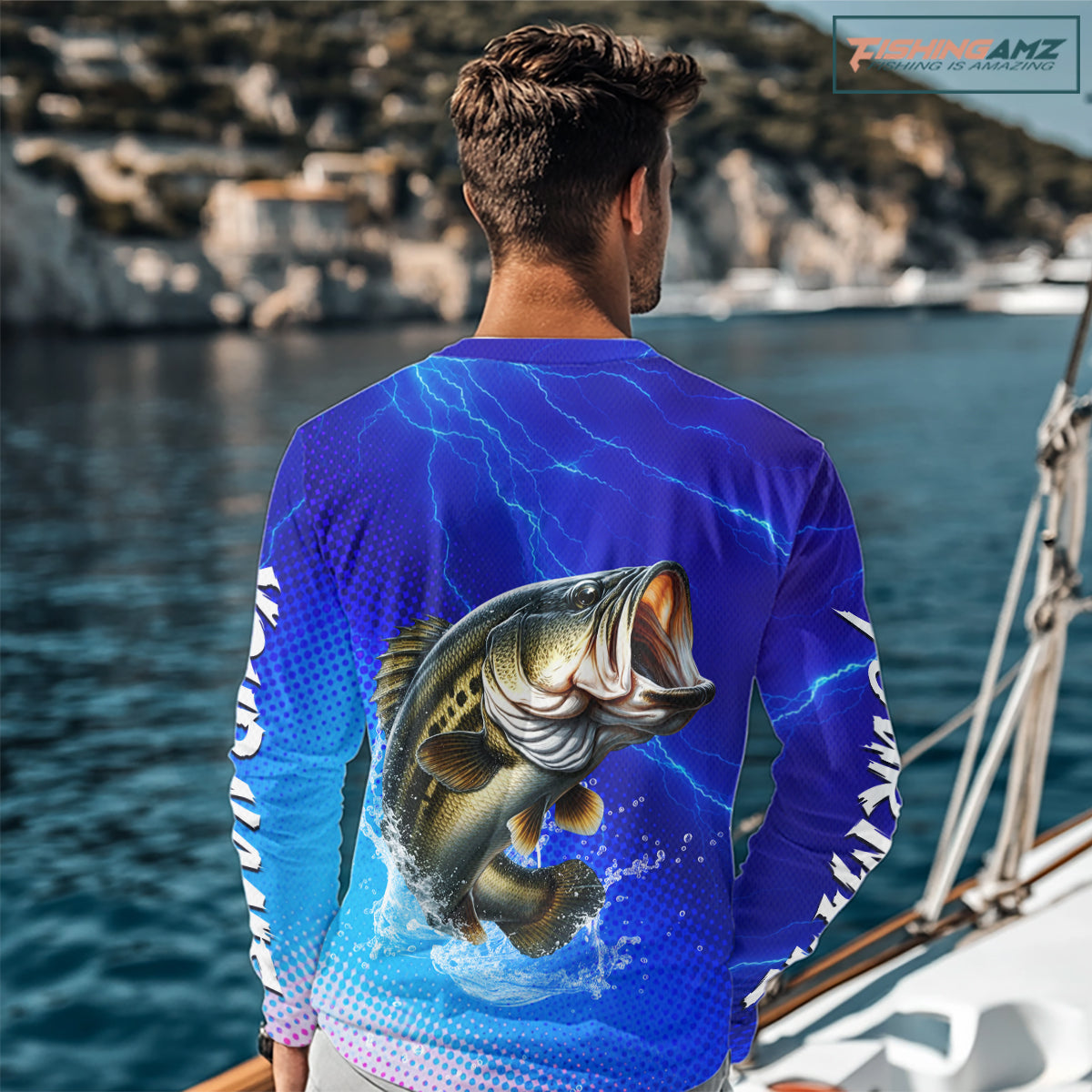 Blue Camo Bass Fishing Shirts Long Sleeve Thunder Light, Custom Name Bass Fishing Shirts NBT455