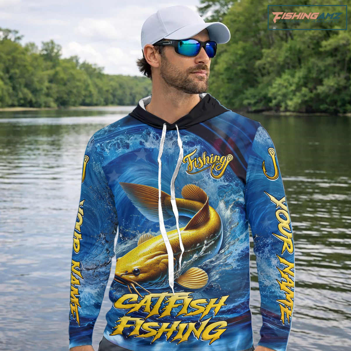 Blue Camo Catfish Fishing Custom Performance Long Sleeve Hooded Fishing Shirts Catfish Fishing Team Shirts NBT1035