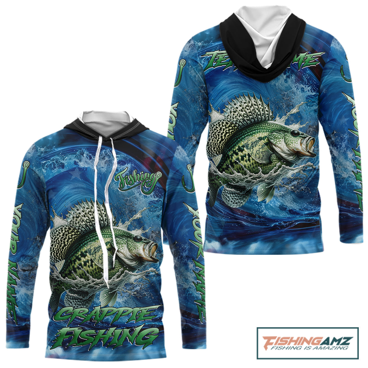 Blue Camo Crappie Fishing Custom Performance Long Sleeve Hooded Fishing Shirts Crappie Fishing Team Shirts NBT1036