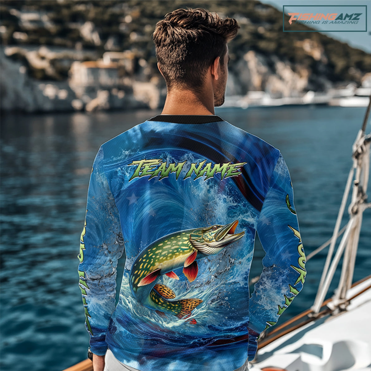 Blue Camo Northern Pike Fishing Custom Performance Long Sleeve Fishing Shirts Pike Fishing Team Shirts NBT1037
