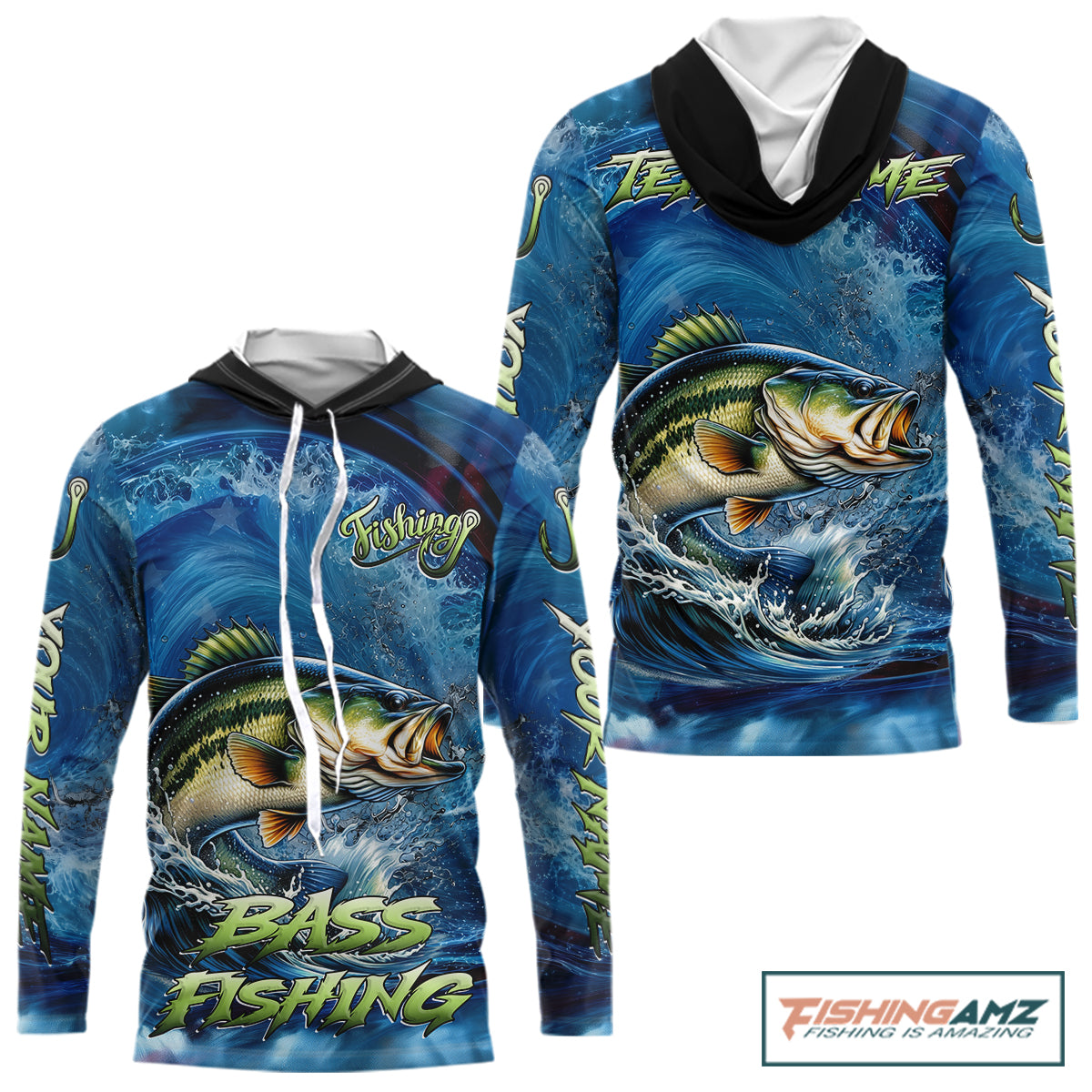 Blue Camo Bass Fishing Custom Performance Long Sleeve Hooded Fishing Shirts Bass Fishing Team Shirts NBT1038